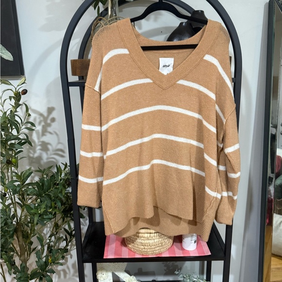 aerie Sweaters - Aerie V-Neck Sweater - Brown and White Stripes size small